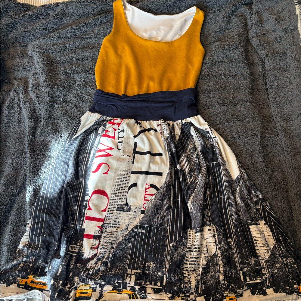 Sleeveless Mustard and Navy Midi Dress with City Print Skirt